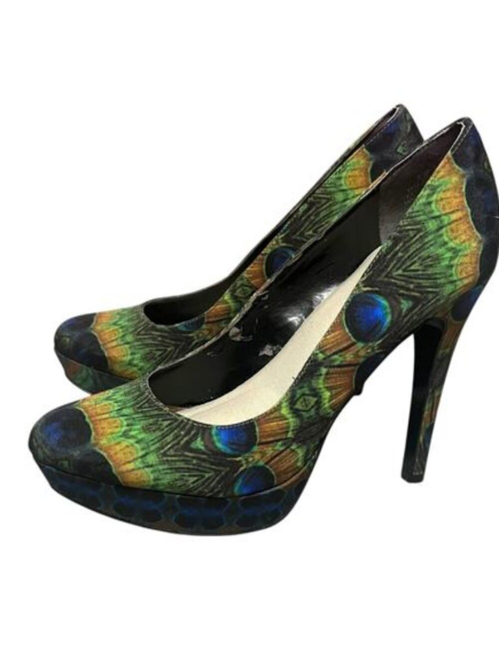 Nine West Unique Peacock Print High Heel Stiletto Pump Size 5 Colorful Round Toe